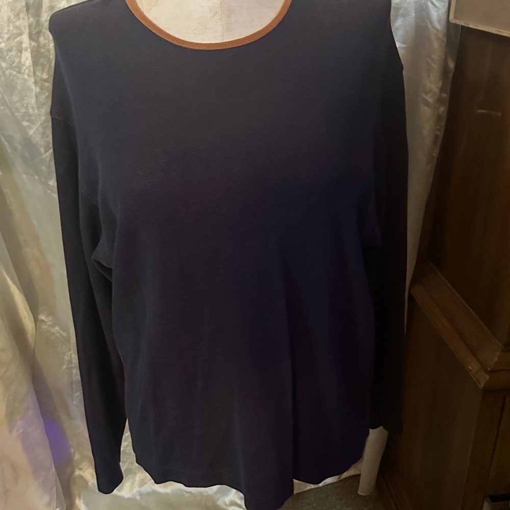 Classic Navy Long Sleeve Women's Top with Tan Trim